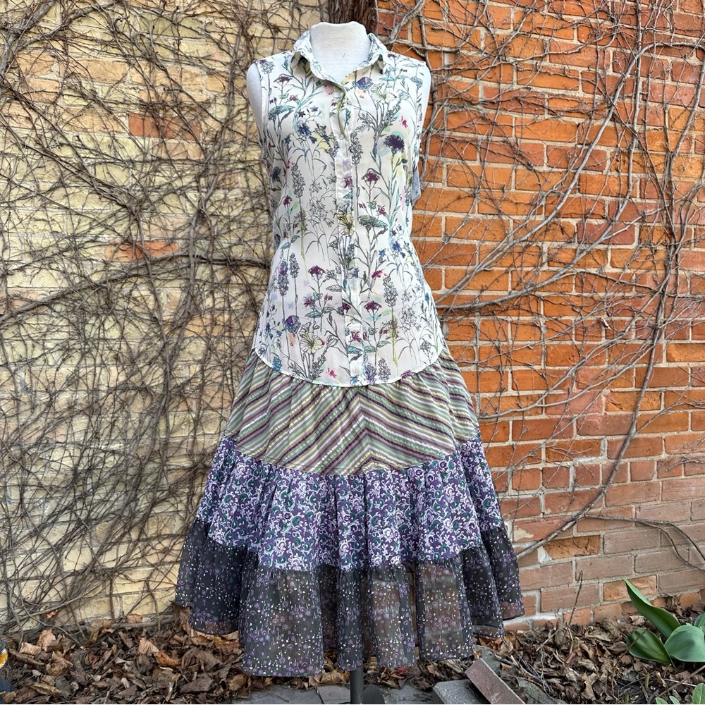 Boho Tiered EMBODY Dress Upcycled OOAK Green Purple Floral Sheer Small Spring